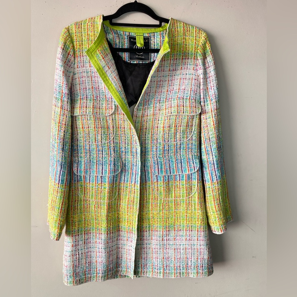 BLONDE No.8 STOCKHOLM Tweed Long Blazer Neon Trim Yellow Blue M Coat - Picture 3 of 16